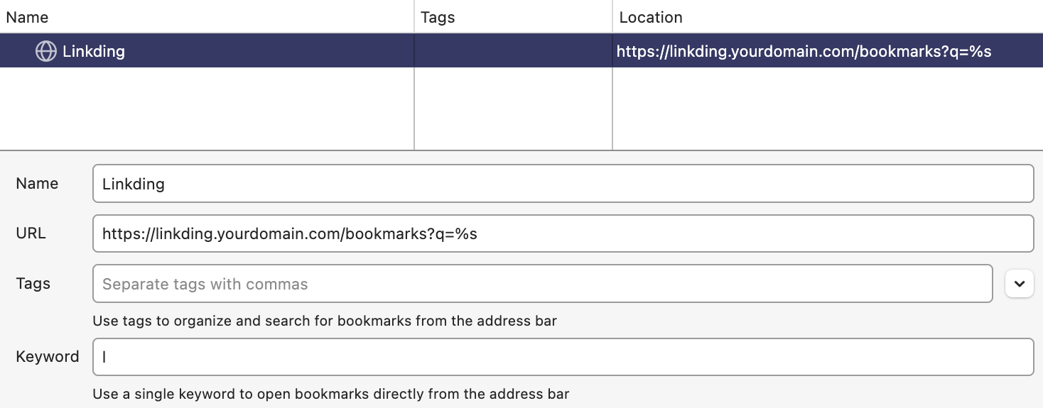 Quick Search bookmark configuration example